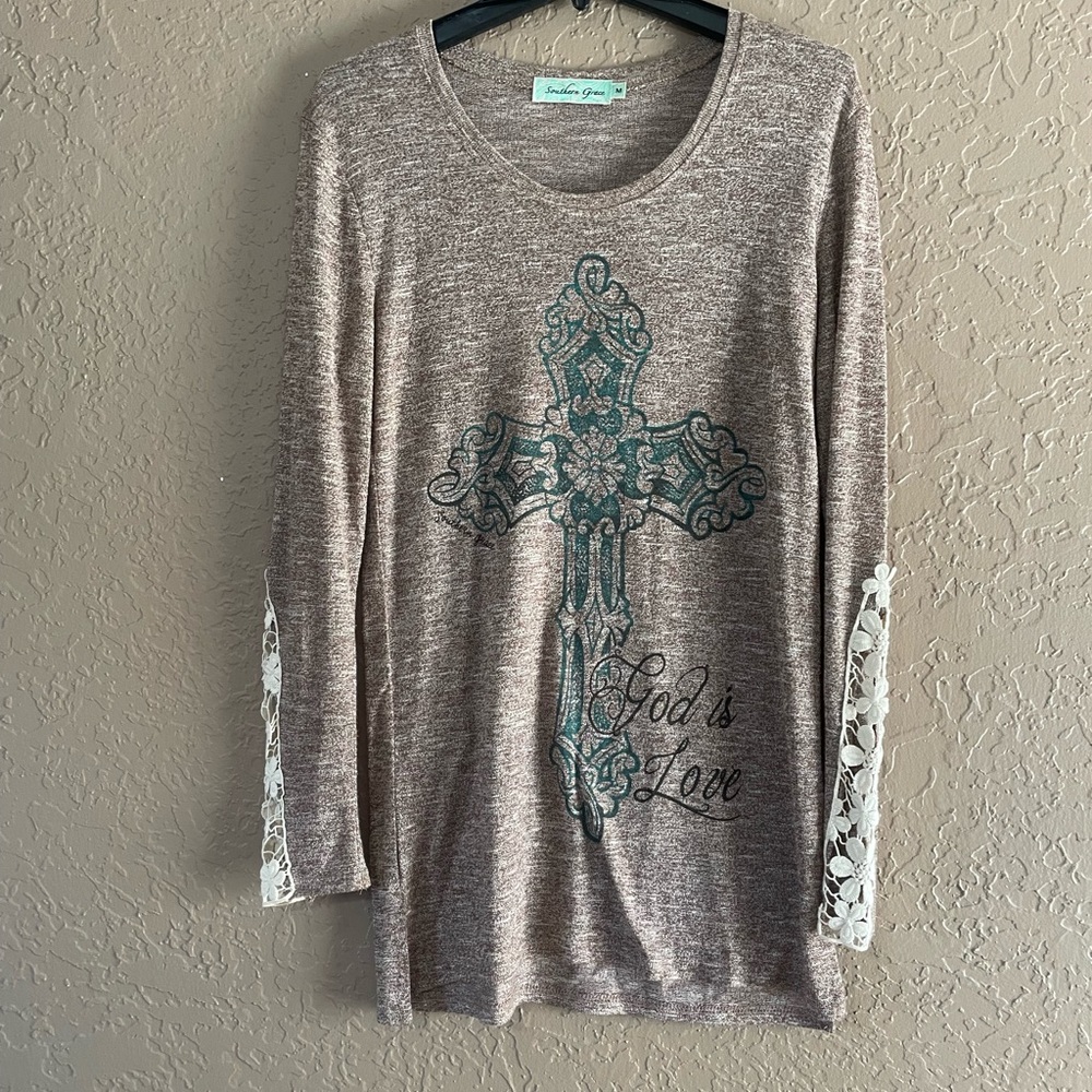 Brown tunic with turquoise cross
